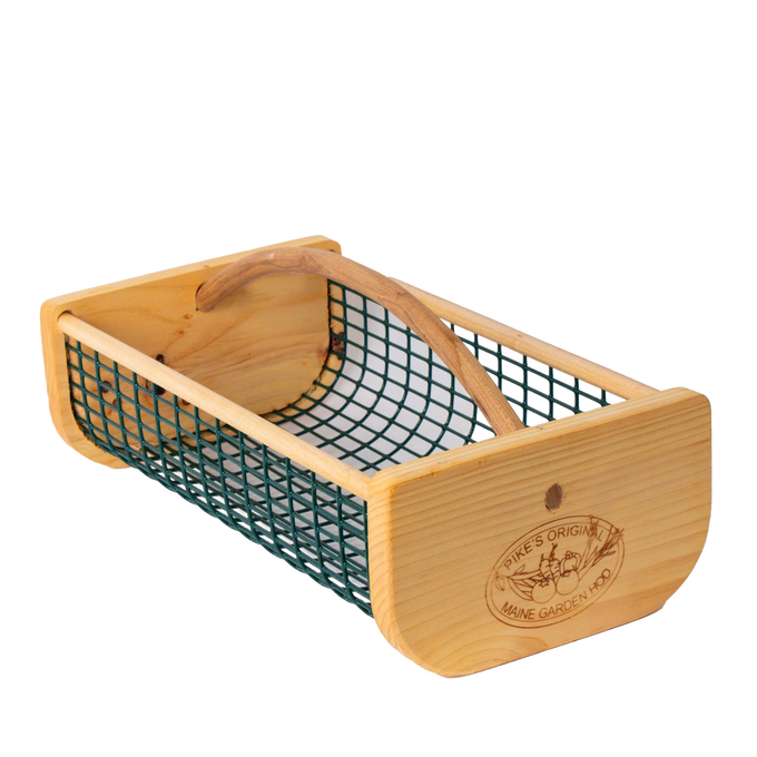 Handcrafted Maine Garden Hod with smooth wooden ends and green wire mesh body, featuring a curved wooden handle and engraved logo, part of Farm, Garden & Tool, USA Made, and Best Sellers collections.