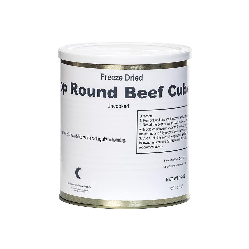 Can of handcrafted freeze-dried top round beef cubes with long shelf life, made in USA, ideal for Kitchen & Food, Food, Freeze Dried, USA Made, Best Sellers, and Promo Eligible collections.