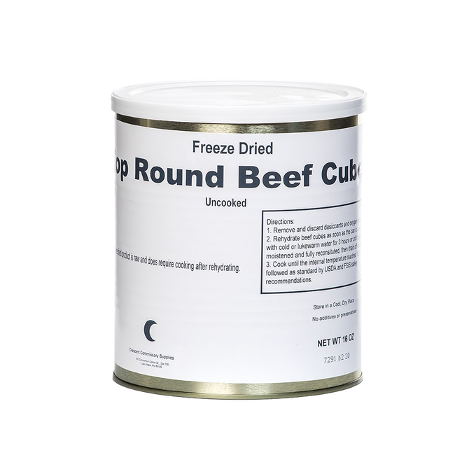 Can of handcrafted freeze-dried top round beef cubes with long shelf life, made in USA, ideal for Kitchen & Food, Food, Freeze Dried, USA Made, Best Sellers, and Promo Eligible collections.
