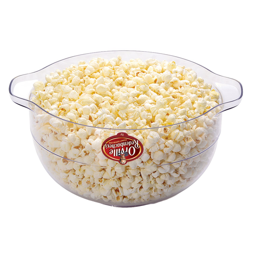 Clear plastic bowl filled with freshly popped white popcorn, featuring the Orville Redenbacher's logo, ideal for Kitchen & Food, Popcorn, and Best Sellers collections.
