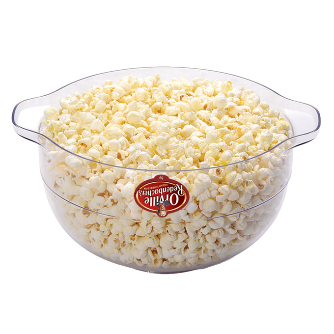 Clear plastic bowl filled with freshly popped white popcorn, featuring the Orville Redenbacher's logo, ideal for Kitchen & Food, Popcorn, and Best Sellers collections.