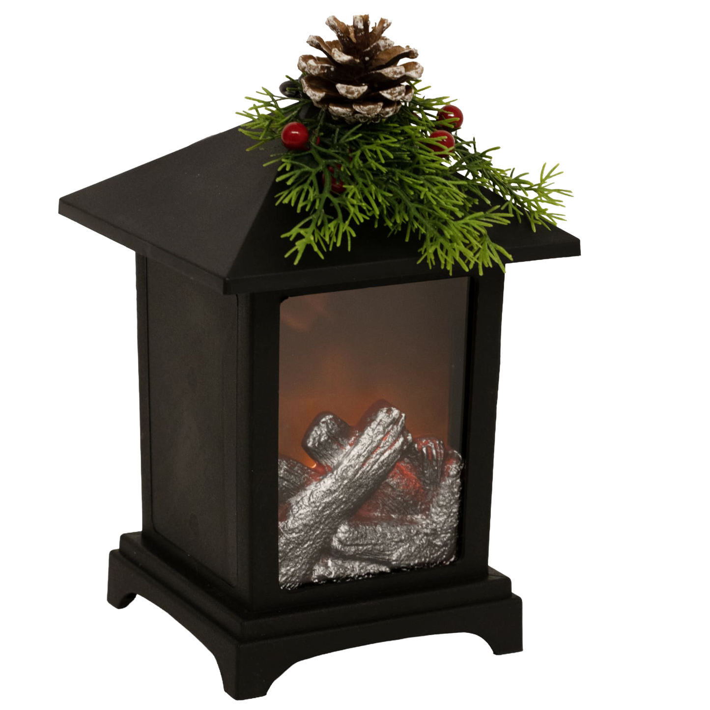 Black metal lantern featuring a cozy LED faux fireplace with silver logs, topped with festive pine sprigs, red berries, and a pinecone, perfect for Home & Decor, Holiday Decor, Best Sellers, and Promo Eligible collections.