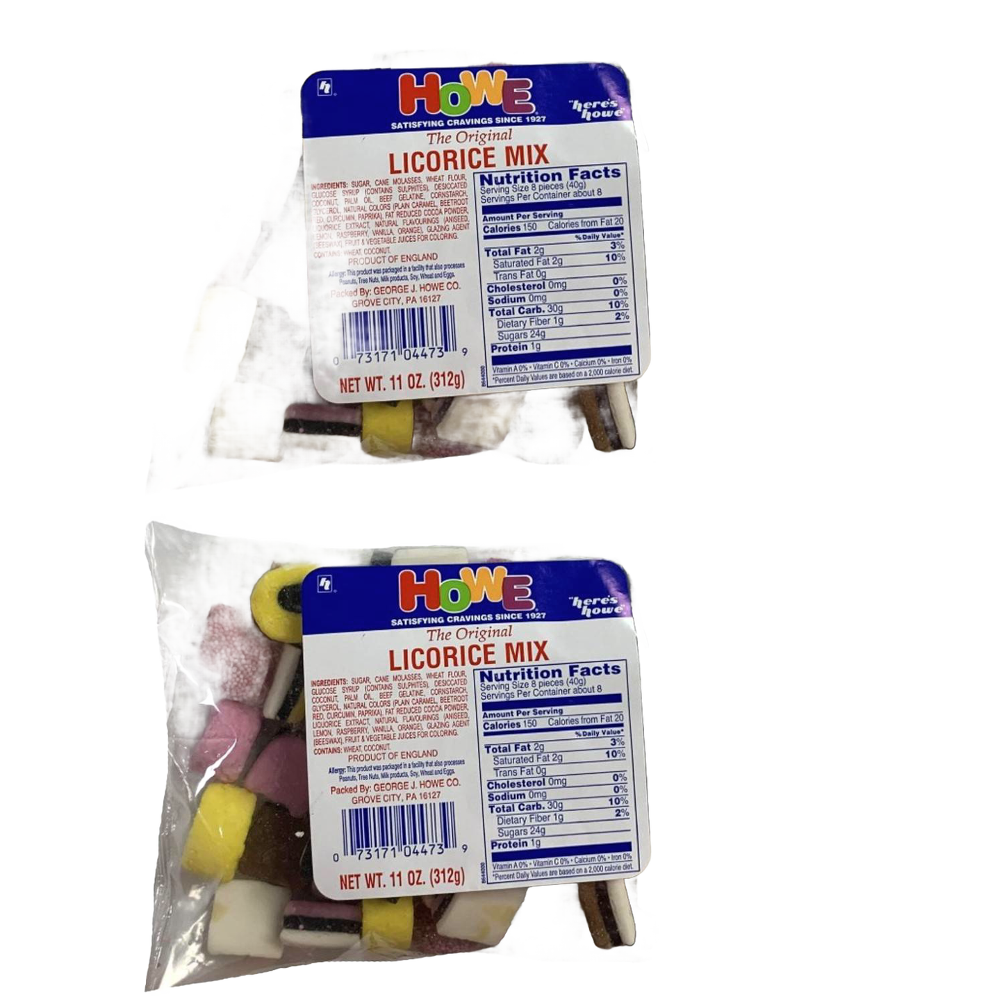 Two clear bags of assorted licorice candies in various shapes and colors, labeled with nutrition facts and product details, included in Kitchen & Food, Snacks and Sweets, Candy, USA Made, and Best Sellers collections.