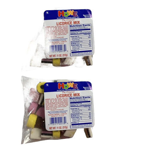 Two clear bags of assorted licorice candies in various shapes and colors, labeled with nutrition facts and product details, included in Kitchen & Food, Snacks and Sweets, Candy, USA Made, and Best Sellers collections.