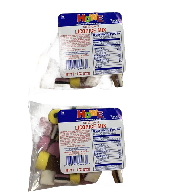 Two clear bags of assorted licorice candies in various shapes and colors, labeled with nutrition facts and product details, included in Kitchen & Food, Snacks and Sweets, Candy, USA Made, and Best Sellers collections.