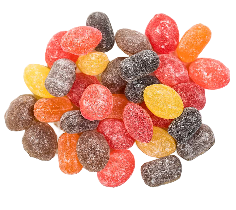 Assorted handcrafted sugared hard candies in classic red, orange, yellow, brown, and black hues, gluten-free and made in USA, perfect for Kitchen & Food and Snacks and Sweets collections.