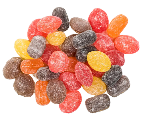 Assorted handcrafted sugared hard candies in classic red, orange, yellow, brown, and black hues, gluten-free and made in USA, perfect for Kitchen & Food and Snacks and Sweets collections.