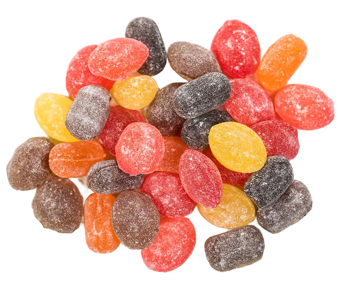 Assorted handcrafted sugared hard candies in classic red, orange, yellow, brown, and black hues, gluten-free and made in USA, perfect for Kitchen & Food and Snacks and Sweets collections.
