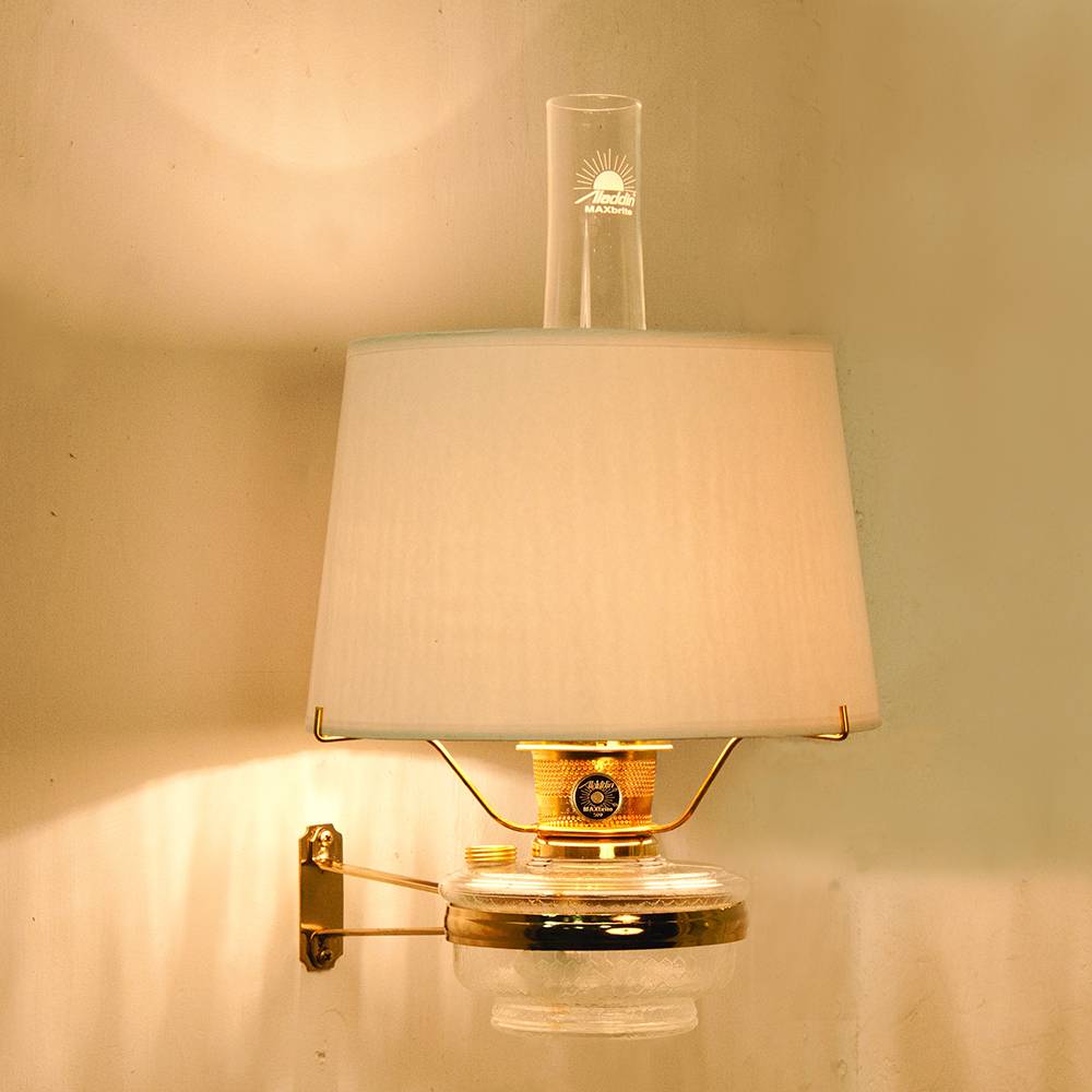 Handcrafted Aladdin Clear Regency Wall Oil Lamp with a white parchment shade and brass fittings, designed for space-saving illumination in Farm, Garden & Tool and Emergency Supplies collections.