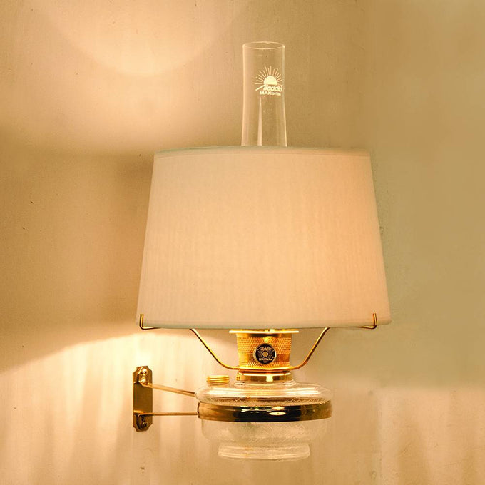 Handcrafted Aladdin Clear Regency Wall Oil Lamp with a white parchment shade and brass fittings, designed for space-saving illumination in Farm, Garden & Tool and Emergency Supplies collections.