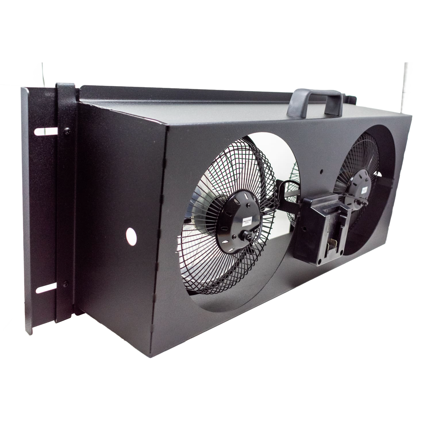 Battery-powered window fan unit featuring dual 9-inch fans in a black metal housing with mounting brackets, designed for improved airflow in Home & Decor, Farm, Garden & Tool, and Emergency Supplies collections.