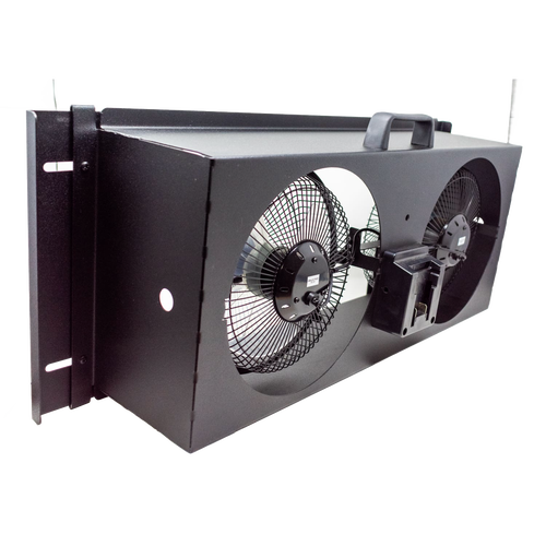 Battery-powered window fan unit featuring dual 9-inch fans in a black metal housing with mounting brackets, designed for improved airflow in Home & Decor, Farm, Garden & Tool, and Emergency Supplies collections.