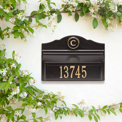 Handcrafted black and gold wall mount mailbox featuring a personalized monogram and house number, made in USA, enhancing curb appeal for Home & Decor, Household Helpers, and Mailboxes and Address Signs collections.