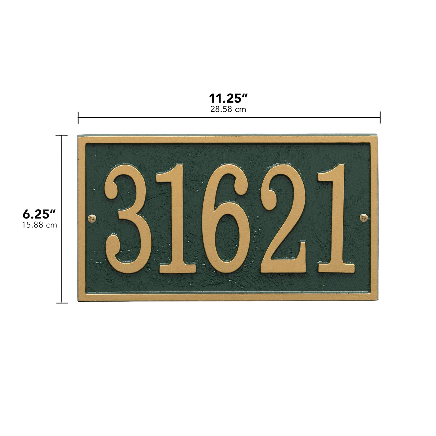 Rectangular green and gold custom address plaque with raised numbers, handcrafted and made in USA, featured in Home & Decor, Mailboxes and Address Signs, and Best Sellers collections.