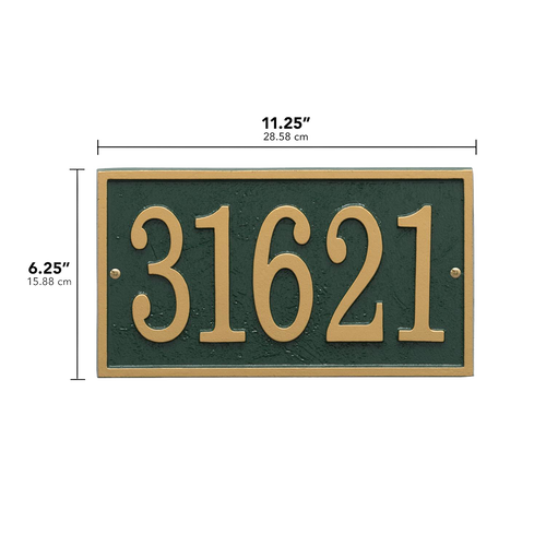 Rectangular green and gold custom address plaque with raised numbers, handcrafted and made in USA, featured in Home & Decor, Mailboxes and Address Signs, and Best Sellers collections.