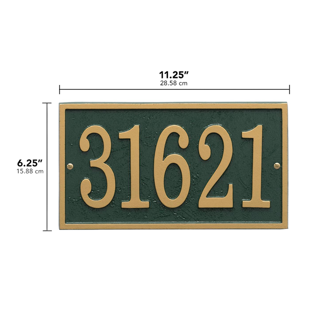 Rectangular green and gold custom address plaque with raised numbers, handcrafted and made in USA, featured in Home & Decor, Mailboxes and Address Signs, and Best Sellers collections.