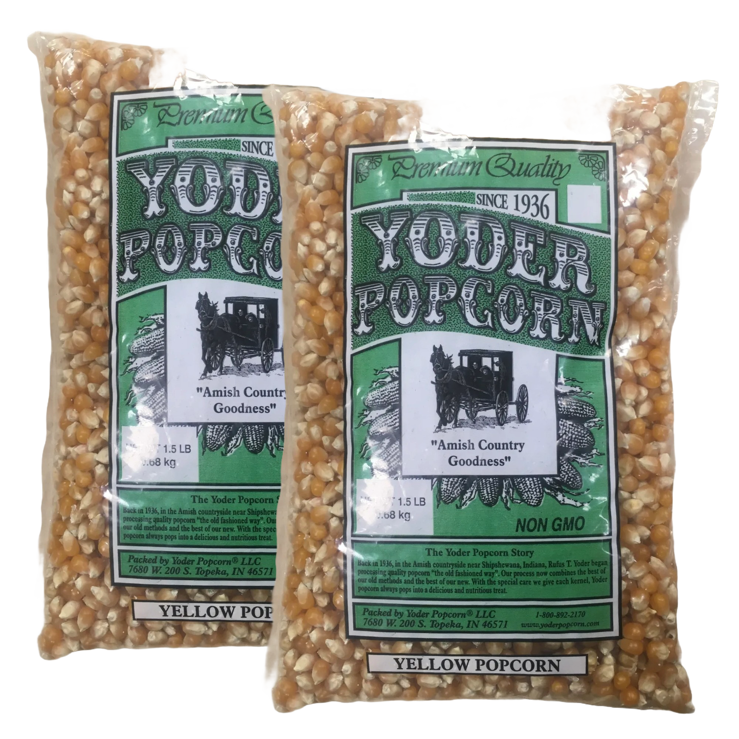 Two 1.5-pound bags of handcrafted yellow popcorn kernels made in USA, featuring large crunchy kernels with fewer husks, perfect for Kitchen & Food and Snacks collections.