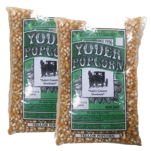 Two 1.5-pound bags of handcrafted yellow popcorn kernels made in USA, featuring large crunchy kernels with fewer husks, perfect for Kitchen & Food and Snacks collections.