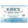 Packaging of three bars of Original Kirk's Castile Bar Soap made in the USA, featuring natural coconut oil, gentle formula for sensitive skin, Cruelty-Free and Non-GMO verified, ideal for Health & Wellness and Grooming collections.