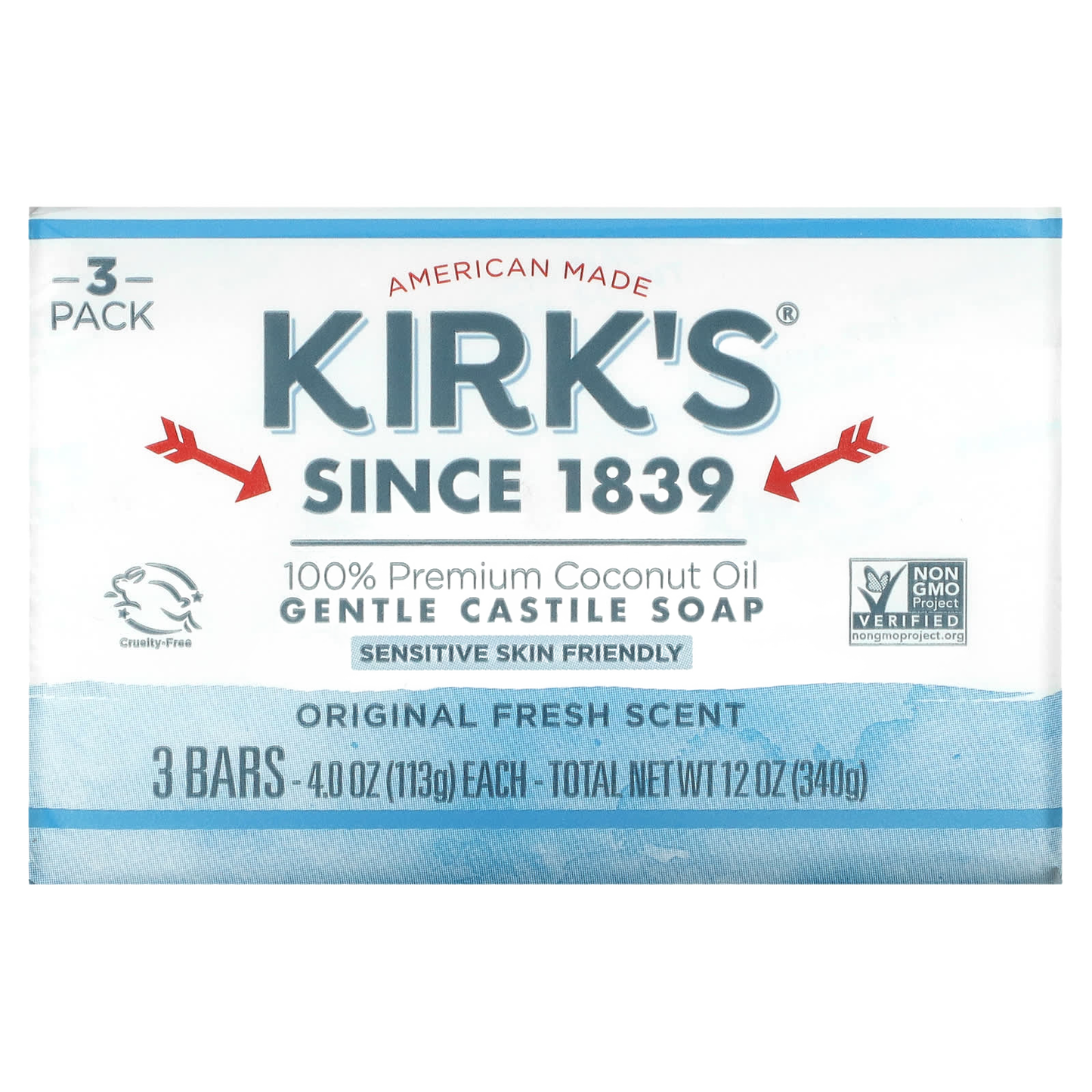 Packaging of three bars of Original Kirk's Castile Bar Soap made in the USA, featuring natural coconut oil, gentle formula for sensitive skin, Cruelty-Free and Non-GMO verified, ideal for Health & Wellness and Grooming collections.