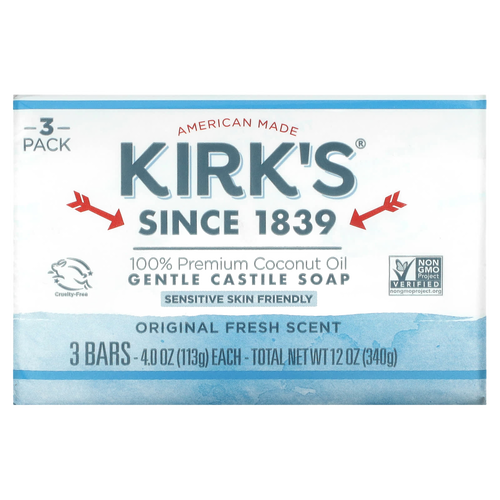 Packaging of three bars of Original Kirk's Castile Bar Soap made in the USA, featuring natural coconut oil, gentle formula for sensitive skin, Cruelty-Free and Non-GMO verified, ideal for Health & Wellness and Grooming collections.
