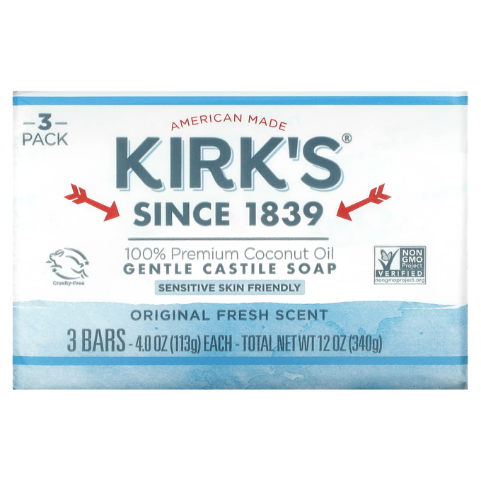 Packaging of three bars of Original Kirk's Castile Bar Soap made in the USA, featuring natural coconut oil, gentle formula for sensitive skin, Cruelty-Free and Non-GMO verified, ideal for Health & Wellness and Grooming collections.