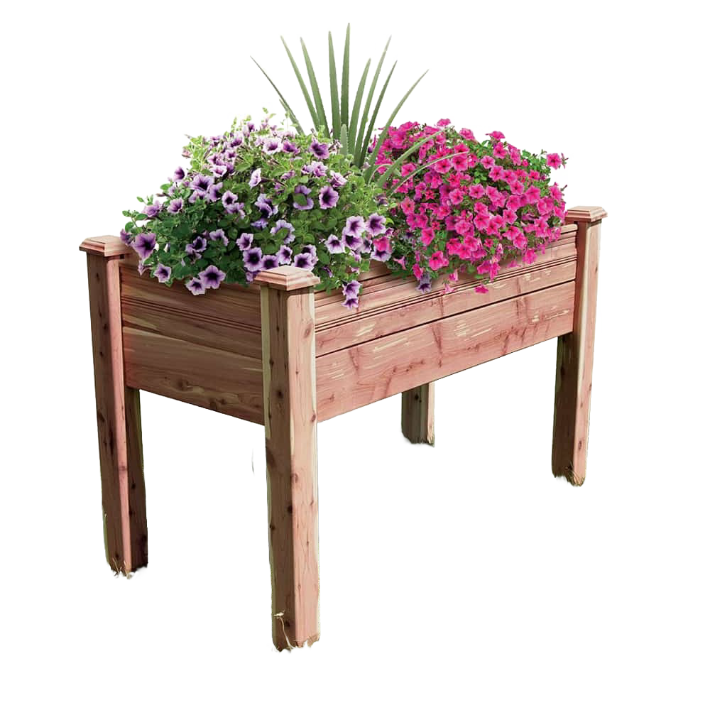 Handcrafted cedar elevated garden bed standing nearly 3 feet tall, filled with purple and pink blooming flowers, designed for easy organic gardening, featured in Farm, Garden & Tool and USA Made collections.