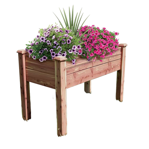 Handcrafted cedar elevated garden bed standing nearly 3 feet tall, filled with purple and pink blooming flowers, designed for easy organic gardening, featured in Farm, Garden & Tool and USA Made collections.