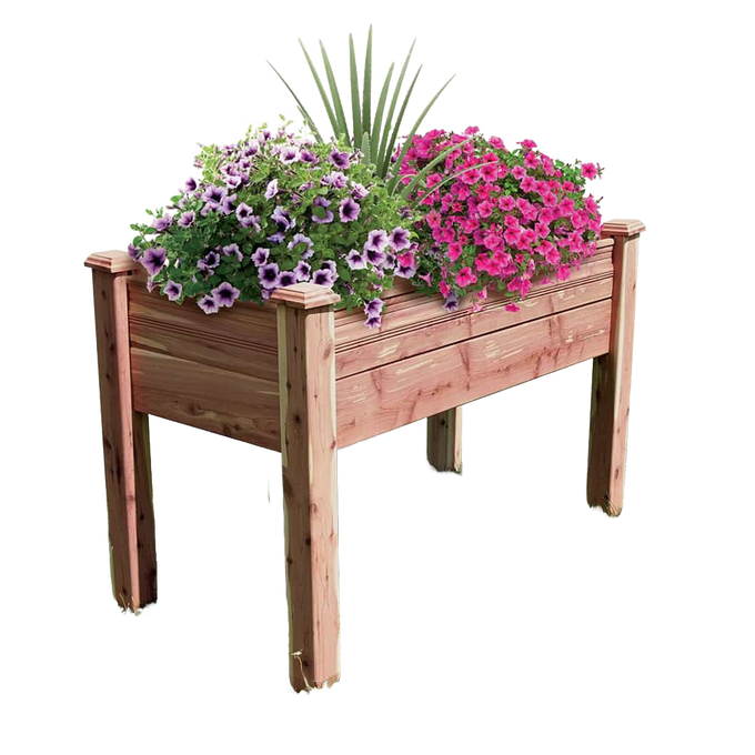 Handcrafted cedar elevated garden bed standing nearly 3 feet tall, filled with purple and pink blooming flowers, designed for easy organic gardening, featured in Farm, Garden & Tool and USA Made collections.