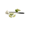 Professional kitchen knife with a black handle lying beside fresh lime wedges and a garlic bulb, ideal for food prep and kitchen gadget collections.