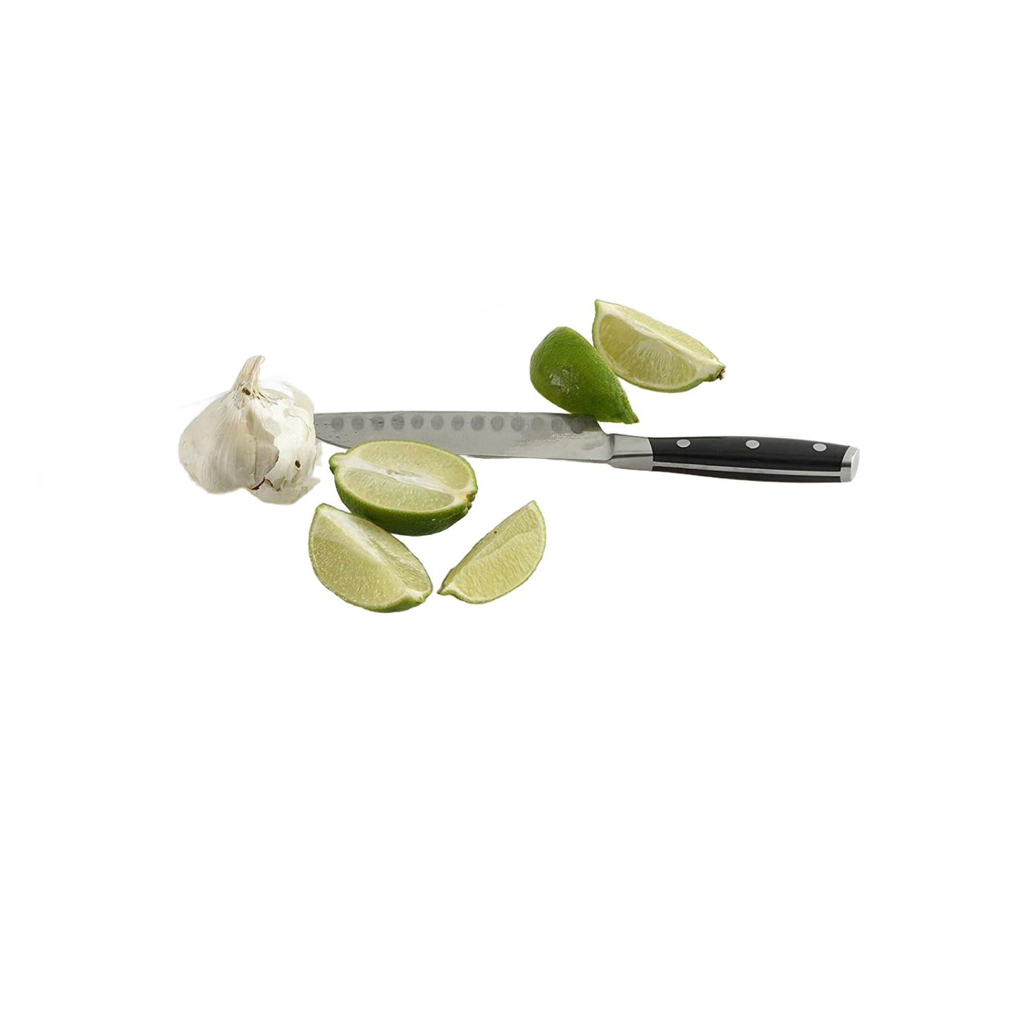 Professional kitchen knife with a black handle lying beside fresh lime wedges and a garlic bulb, ideal for food prep and kitchen gadget collections.