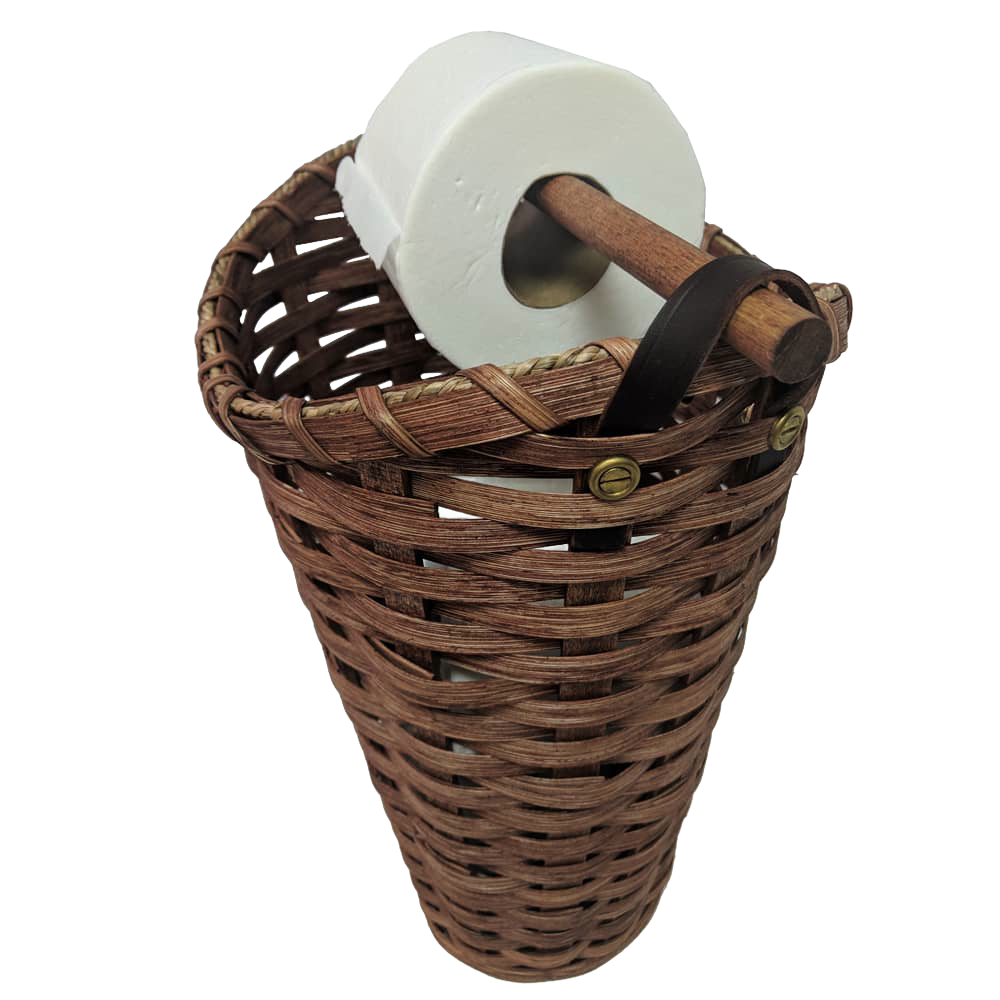 Handcrafted Amish made toilet paper holder basket woven from maple wood with a birch rod and leather strap, designed to hold and dispense four standard rolls, ideal for Home & Decor and Household Helpers collections.