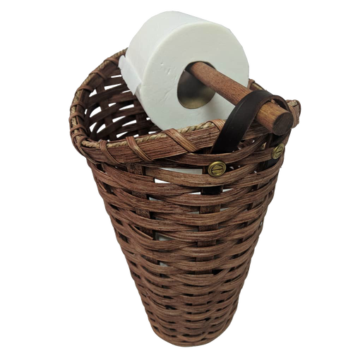 Handcrafted Amish made toilet paper holder basket woven from maple wood with a birch rod and leather strap, designed to hold and dispense four standard rolls, ideal for Home & Decor and Household Helpers collections.
