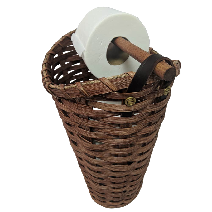 Handcrafted Amish made toilet paper holder basket woven from maple wood with a birch rod and leather strap, designed to hold and dispense four standard rolls, ideal for Home & Decor and Household Helpers collections.