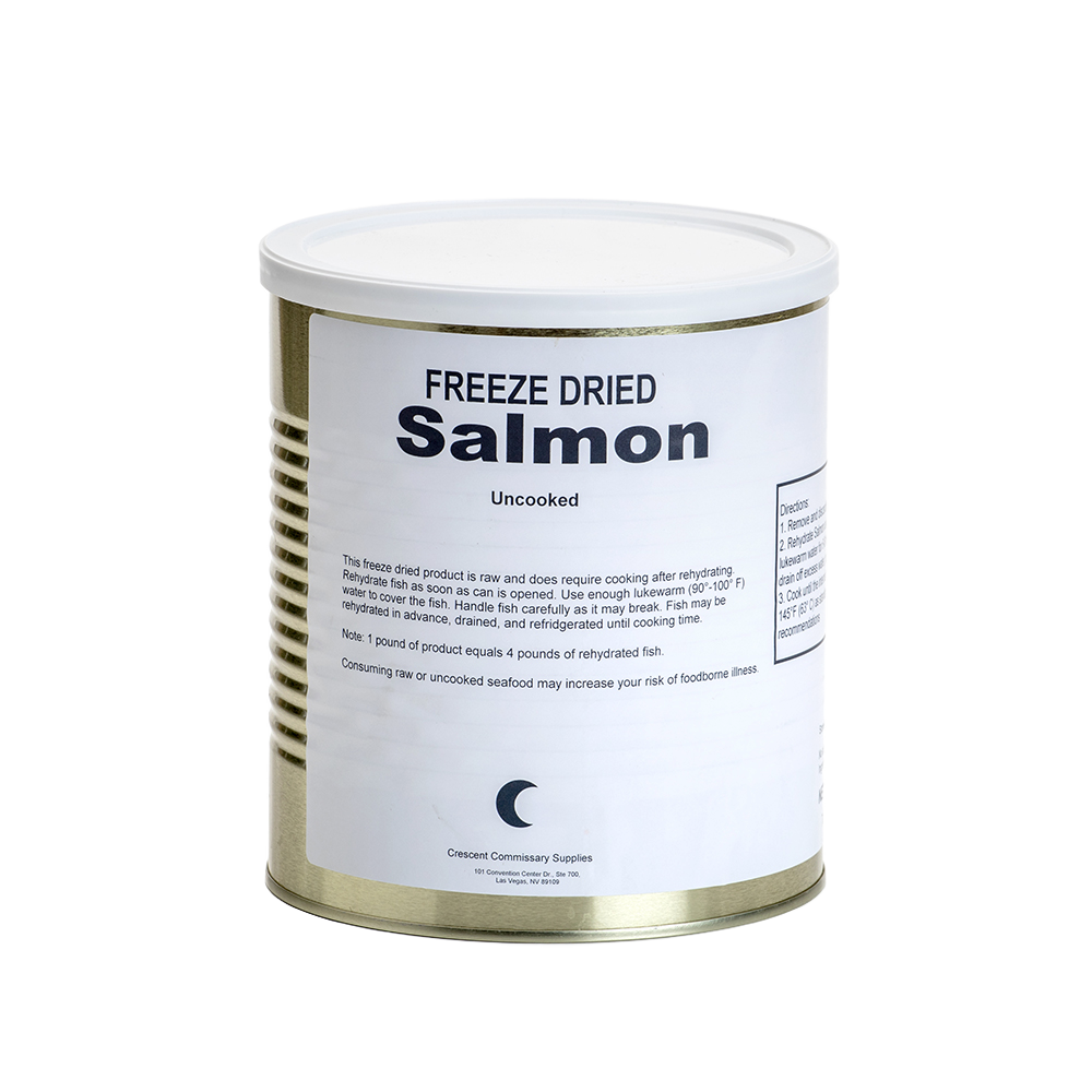 Metal can of uncooked freeze-dried salmon fillets with a simple white label, ideal for long-term storage in Kitchen & Food, Emergency Supplies, and Freeze Dried collections.