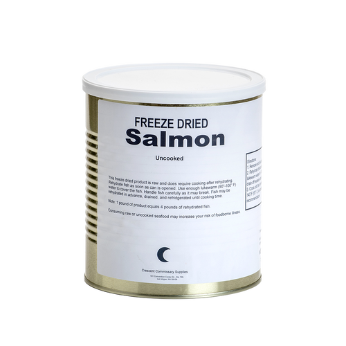 Metal can of uncooked freeze-dried salmon fillets with a simple white label, ideal for long-term storage in Kitchen & Food, Emergency Supplies, and Freeze Dried collections.