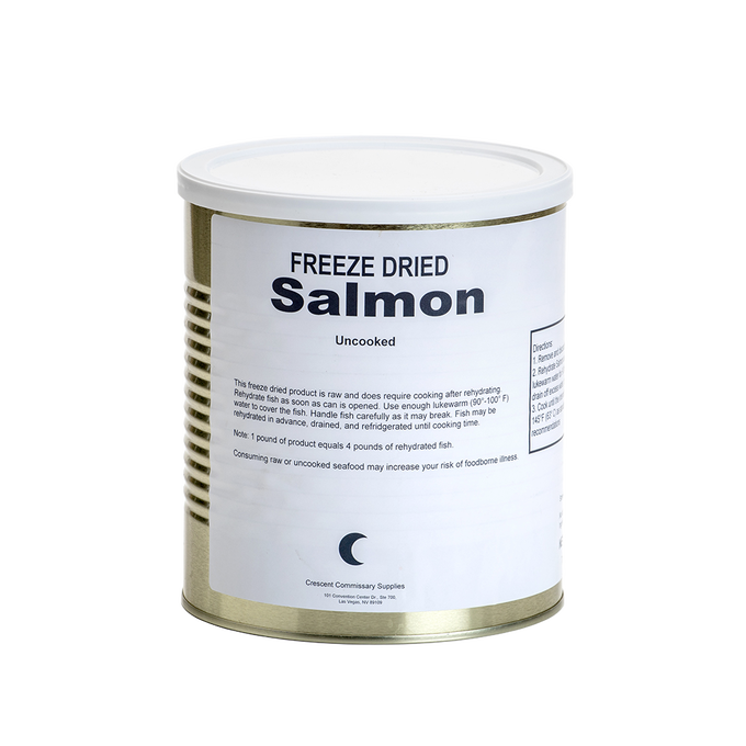 Metal can of uncooked freeze-dried salmon fillets with a simple white label, ideal for long-term storage in Kitchen & Food, Emergency Supplies, and Freeze Dried collections.