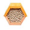 Hexagonal pine wood bee house with paper straw tubes inside, designed to provide shelter for beneficial bees, ideal for farm, garden, and garden accessories collections.