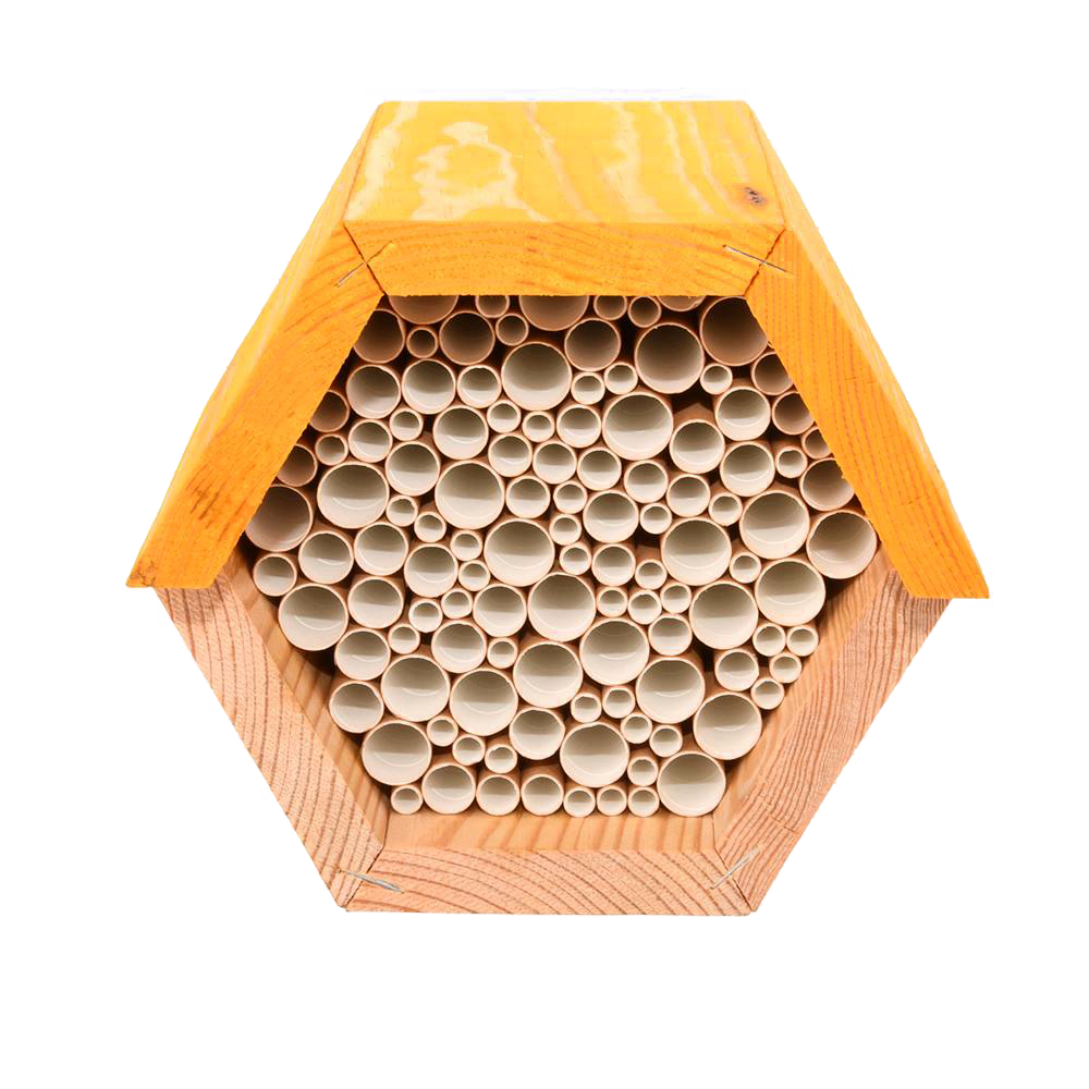 Hexagonal pine wood bee house with paper straw tubes inside, designed to provide shelter for beneficial bees, ideal for farm, garden, and garden accessories collections.