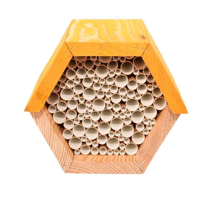 Hexagonal pine wood bee house with paper straw tubes inside, designed to provide shelter for beneficial bees, ideal for farm, garden, and garden accessories collections.