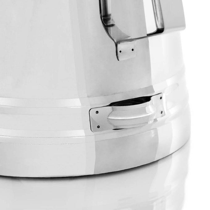 Close-up of polished stainless steel percolator base with sturdy foldable handle and reinforced rivets, designed for gentle brewing in Kitchen & Food, Camping, and Best Sellers collections.