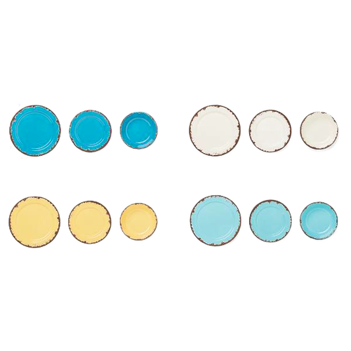 Set of rustic melamine dinnerware including bowls, salad plates, and dinner plates in off white, turquoise, dandelion yellow, and teal with distressed edging, featured in Kitchen & Food, Storage and Serving, Best Sellers, and Promo Eligible collections.
