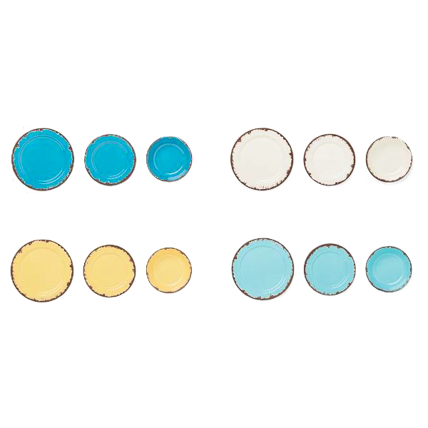 Set of rustic melamine dinnerware including bowls, salad plates, and dinner plates in off white, turquoise, dandelion yellow, and teal with distressed edging, featured in Kitchen & Food, Storage and Serving, Best Sellers, and Promo Eligible collections.