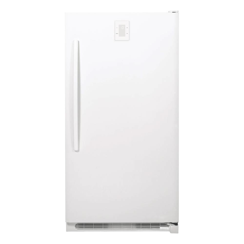 Tall white upright freezer with a single door, minimalist handle, and temperature control panel, handcrafted in the USA and featured in Amish Made and Appliances collections.