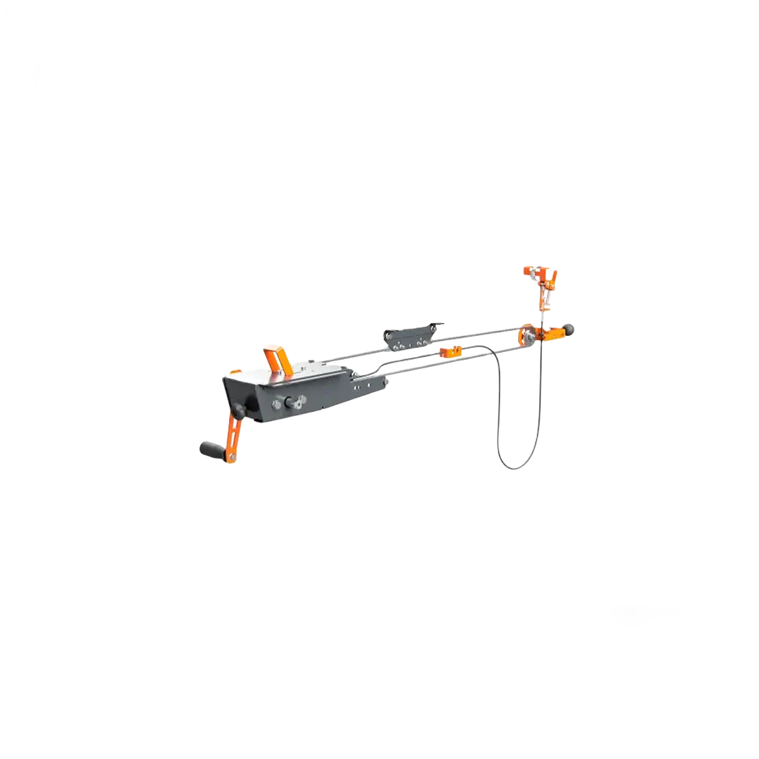Remote crank feed attachment with metal frame and orange handles for comfortable chainsaw operation, ideal for farm, garden, wood cutting, and hauling tasks.
