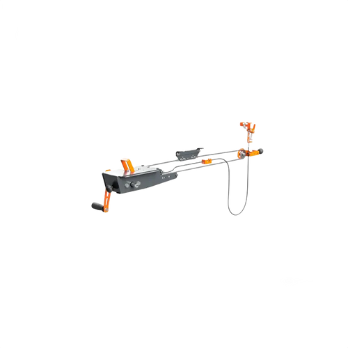 Remote crank feed attachment with metal frame and orange handles for comfortable chainsaw operation, ideal for farm, garden, wood cutting, and hauling tasks.