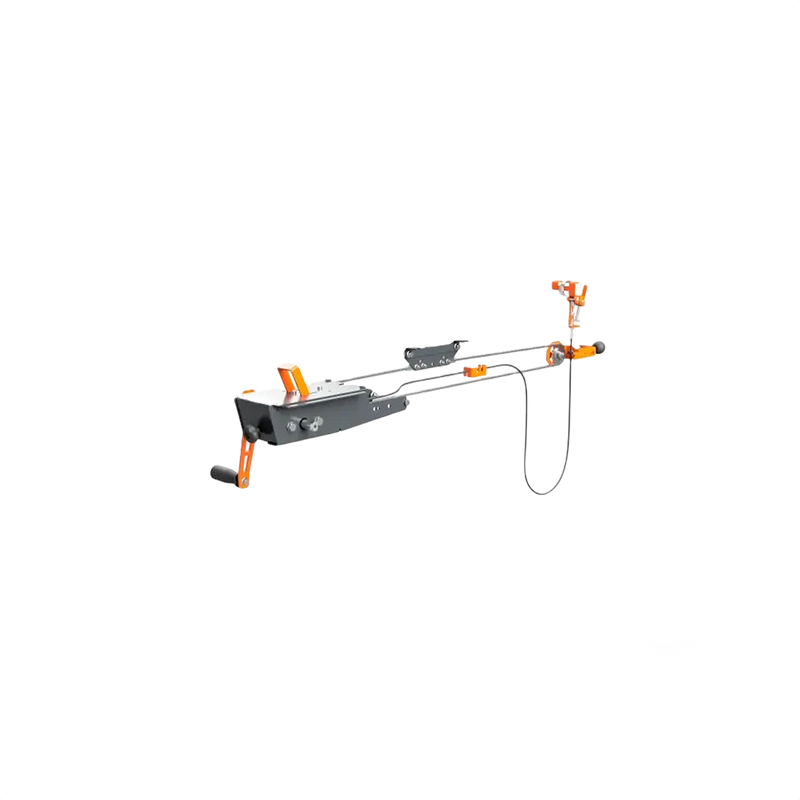 Remote crank feed attachment with metal frame and orange handles for comfortable chainsaw operation, ideal for farm, garden, wood cutting, and hauling tasks.