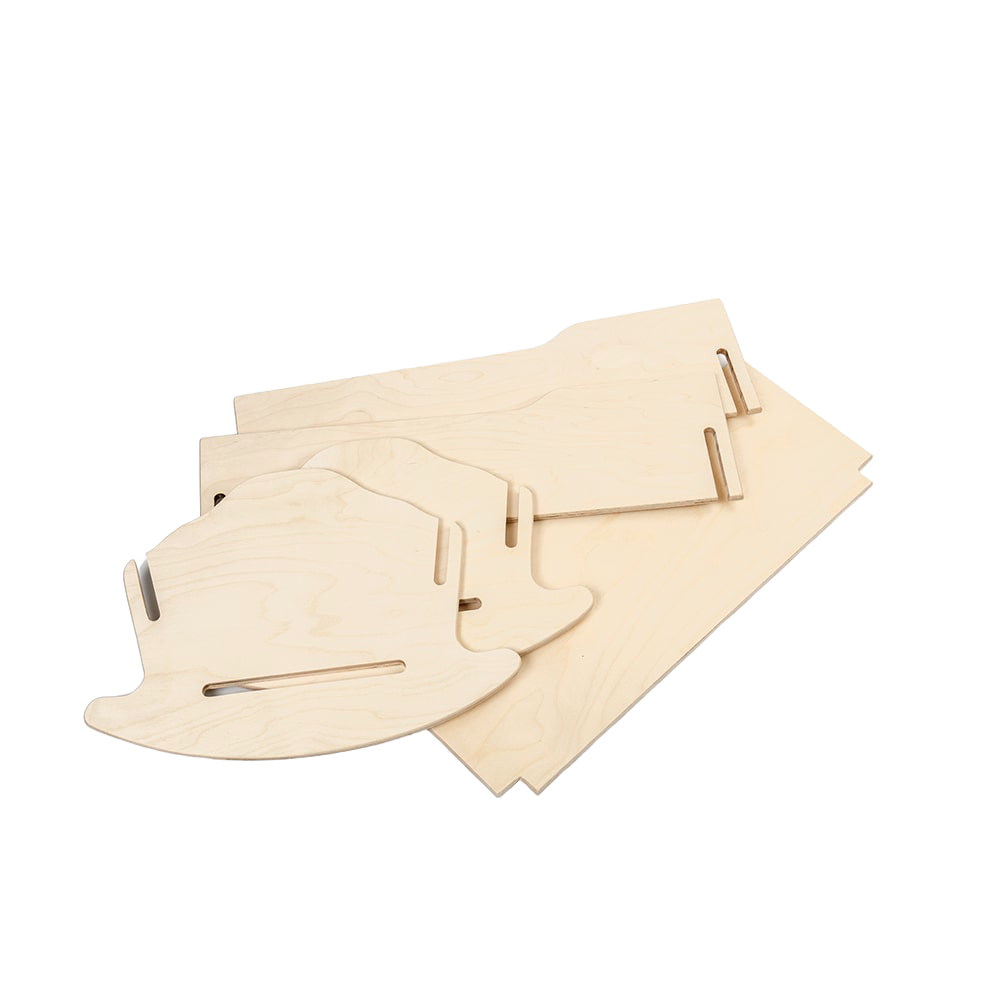 Unassembled natural wood pieces for a handcrafted Amish made collapsible doll cradle, designed for easy storage and perfect for indoor play in wooden toys and children's collections.