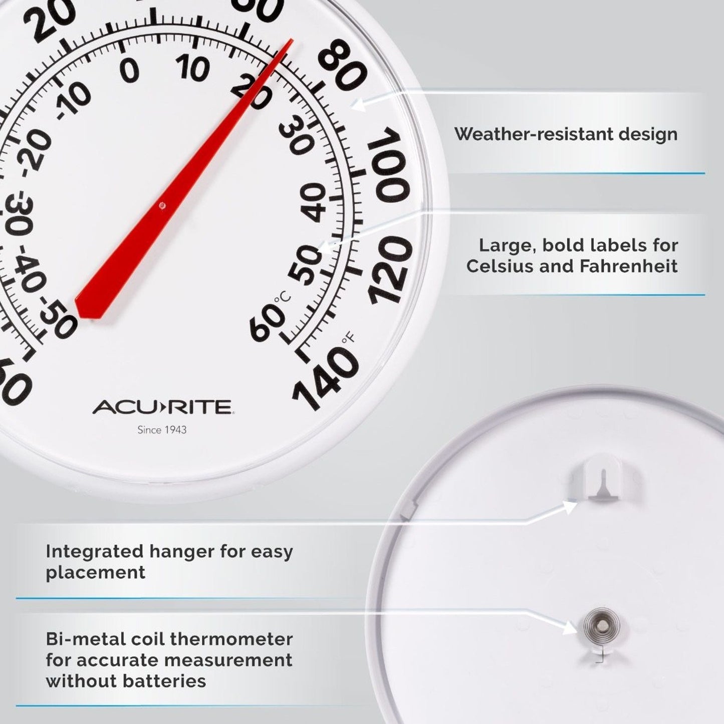 White 12-inch diameter thermometer with large black numbers for Fahrenheit and Celsius, red needle, water-resistant design, battery-free bi-metal coil, easy hang feature, shown in Farm, Garden & Tool and Garden Accessories collections.