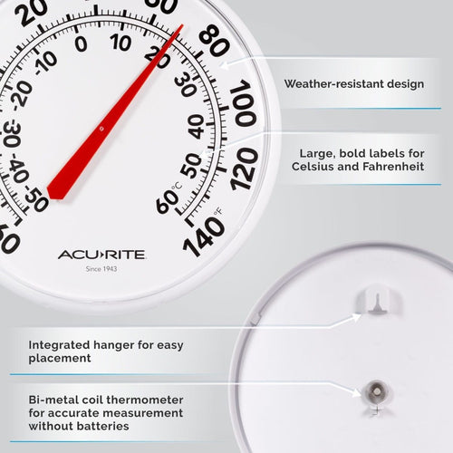 White 12-inch diameter thermometer with large black numbers for Fahrenheit and Celsius, red needle, water-resistant design, battery-free bi-metal coil, easy hang feature, shown in Farm, Garden & Tool and Garden Accessories collections.